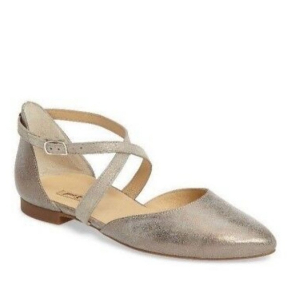 Paul Green Margo Gray Metallic Leather Cross Strap Ballet Flat Luxury Sz 9.5